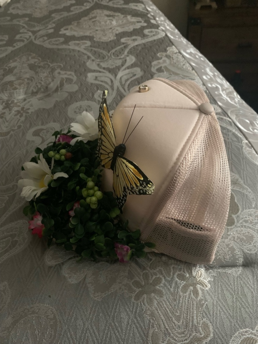 Blush Pink Floral Butterfly Baseball Cap for Women - Picture 2 of 3